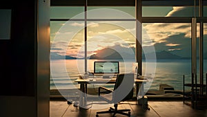 Modern office interior with sea view and sunset. 3D Rendering, A computer room offers a view of the sea, islands, and the sky, AI