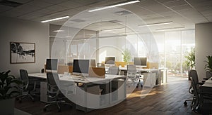 Modern office interior with several workstations featuring computers and photo