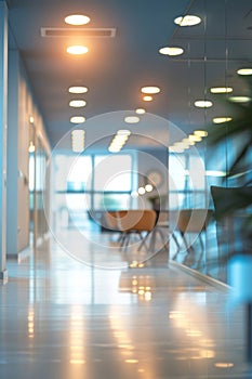 Modern office interior with sun shining through windows