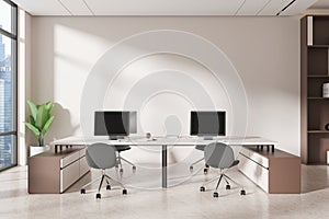 A modern office interior with two computer workstations, chairs, and a shelving unit on a bright background, concept of a photo