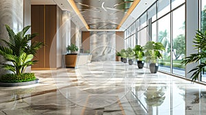 Modern office interior view, luxury hall with clean shiny marble floor, panorama of commercial building lobby. Theme of bank,