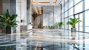 Modern office interior view, luxury hall with clean shiny marble floor, panorama of commercial building lobby. Theme of bank,
