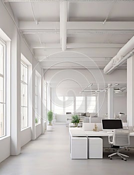 Modern office interior with white walls, concrete floor and rows of computer tables