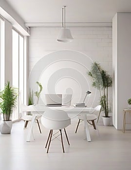 Modern office interior with white walls, wooden floor and white table