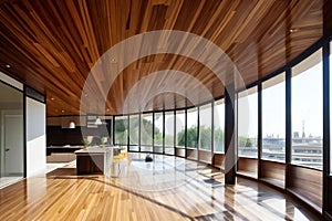 Modern office interior with wooden floors, glass walls, and panoramic windows