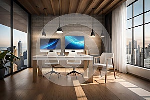 modern office interior of working table with two laptops,mobiles,lamps,ceilling Ai generated