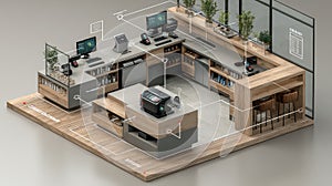 Modern Office Layout with Technology and Workspace Arrangement