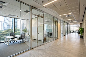 Modern office with light walls and glass partitions photo