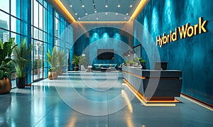 Modern office lobby with Hybrid Work illuminated signage, showcasing the contemporary hybrid work model blending onsite and