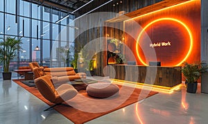 Modern office lobby with Hybrid Work illuminated signage, showcasing the contemporary hybrid work model blending onsite and photo