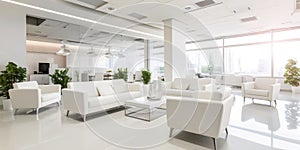 Modern office lobby interior has white furniture with plants and large window in style of chrome reflections with