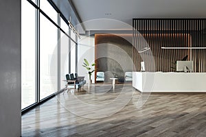 Modern office lobby interior with a reception desk, wooden elements, and furniture, large windows provide a bright background,