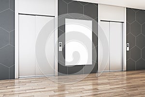 Modern office lobby interior with steel elevators, empty white mock up poster, wooden flooring and tile wall.