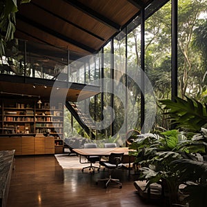 A modern office in a loft overlooking the Amazon rainforest