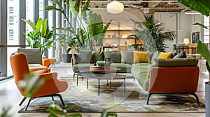 Modern Office Lounge Area With Comfortable Seating and Plants