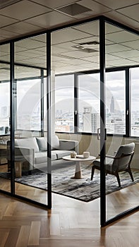 Modern office lounge with glass partitions, neutral colors, wooden floors, and stunning city views Professional environment