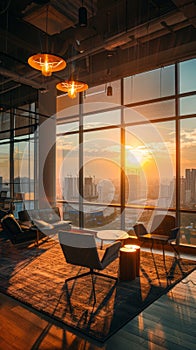 Modern office lounge with sunset view through large windows