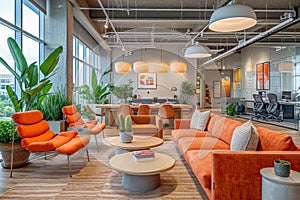 Modern Office Lounge with Vibrant Orange Couches and Stylish Decor