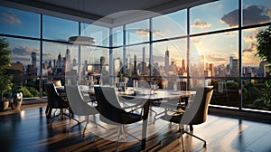 Modern office meeting room interior with panoramic city view