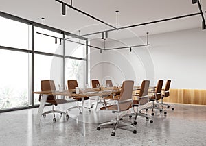 Modern office meeting room interior with table and chairs, panoramic window