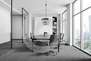 Modern office meeting room with a large table, chairs, and a city view through floor-to-ceiling windows. Light, contemporary. 3D