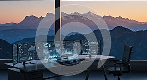 Modern Office with Mountain View and Data Analysis