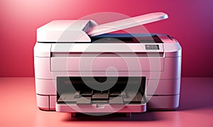 Modern office multifunction printer on a pink gradient background showcasing sleek design and technology for business and home use