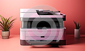 Modern office multifunction printer on a pink gradient background showcasing sleek design and technology for business and home use