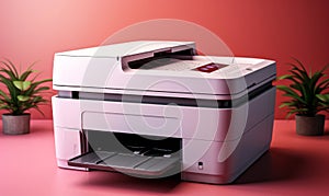 Modern office multifunction printer on a pink gradient background showcasing sleek design and technology for business and home use