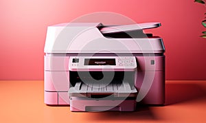 Modern office multifunction printer on a pink gradient background showcasing sleek design and technology for business and home use