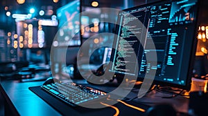 High-tech office with multiple computer monitors and code displayed