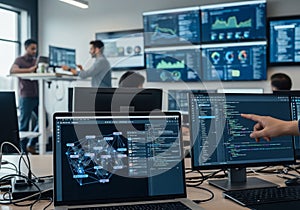 Modern office with multiple computer screens displaying data