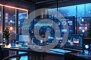 A modern office with multiple computer screens displaying data visualizations and AI algorithms analyzing user behavior