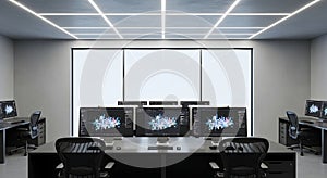 Modern Office with Multiple Computer Workstations and Large Window