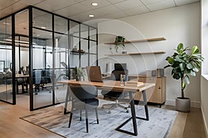 Modern office with natural light, wooden desk, glass partition, shelves, neutral tones, potted plant, professional ambiance