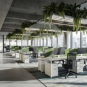 Modern office with open workstations, natural light, and suspended plants creating eco friendly ambiance photo