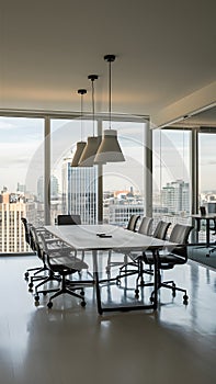 Modern office with panoramic city view, natural light, white floors, minimal decor, conference table, workspaces photo