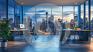 Modern Office with Panoramic Night City View