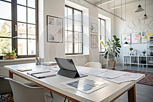 Modern office with papers and digital tablet on table