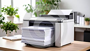 Modern office printer printing documents with stack of paper on desk