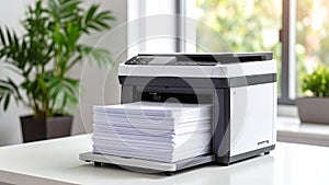 Modern office printer with stack of white paper documents on desk