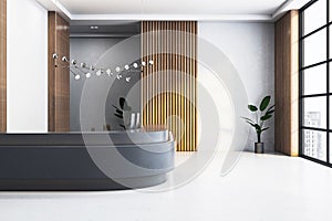 Modern office reception area with desk, decorative lighting, wooden panels, plants, and a large window. Light and clean design. 3D