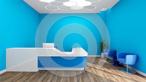 Modern Office Reception Interior with Blue Wall and White Desk, 3d Rendering