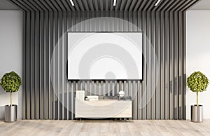 Modern office room with blank banner on wooden wall