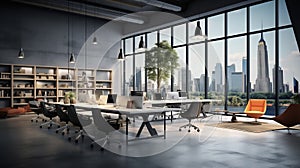 Modern office room boasted an empty interior with sleek desk and chair design, ideal for conducting business indoors, including a