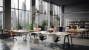 Modern office room boasted an empty interior with sleek desk and chair design, ideal for conducting business indoors, including a