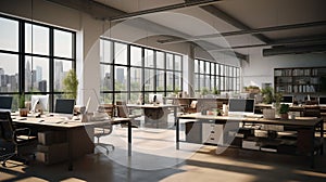 Modern office room boasted an empty interior with sleek desk and chair design, ideal for conducting business indoors, including a