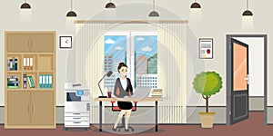 Modern office room and caucasian businesswoman or female office