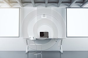 Modern office room with furniture, laptop and blank white poster