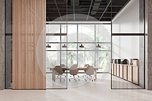 Modern office room interior with board and sideboard, panoramic window